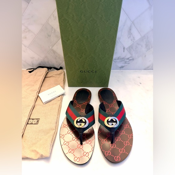 Gucci Shoes - NIB Gucci GG Web-Strip Thong Sandals with Green-Red Strap & Mixes GG Metals